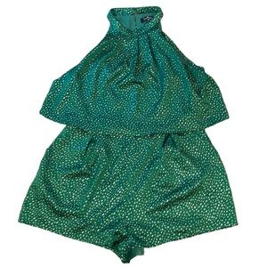 Lulu's Emerald Green Halter Romper with Gold Dot Print